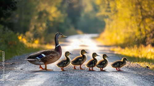 A mother duck and her ducklings crossing a quiet road surrounded by nature's beauty, showcasing family and innocence.