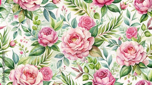 Seamless watercolor floral pattern with pink roses, peonies, and leaves on a botanical tile background