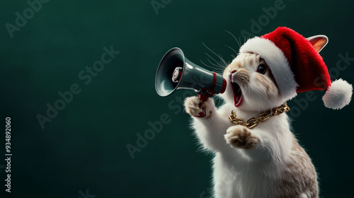 green background, white rabbit wearing a Christmas hat holding a loudspeaker cheerfully and shouting “Merry Christmas”. This scene conveys a joyful holiday atmosphere with the rabbit’s cute gesture.