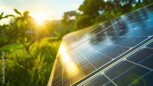 Close-up of Solar Panel Energy Source with Bright Sunlight and Greenery Background