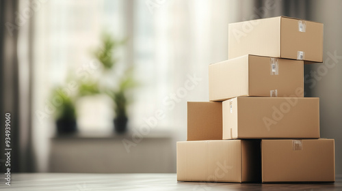 Several neatly stacked cardboard boxes sit on a wooden table in a sunlit room, with soft curtains and greenery in the background creating a calm atmosphere, copy space