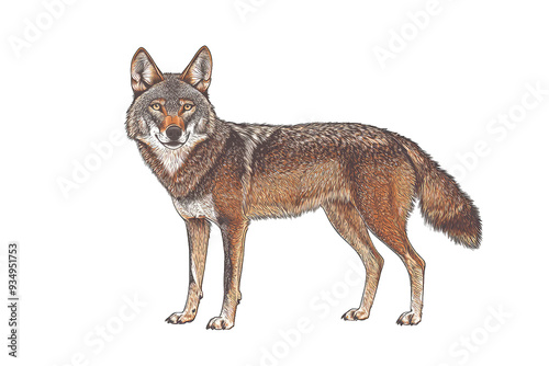 A detailed illustration of a standing coyote showcasing its unique features and natural beauty in a vibrant habitat.