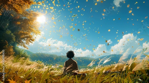 A lone figure sits amongst tall grass with falling leaves and a blue sky.