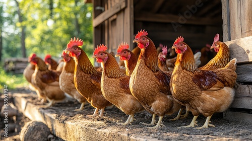 Chickens roosting in a large, airy coop, poultry farming, sustainable livestock management