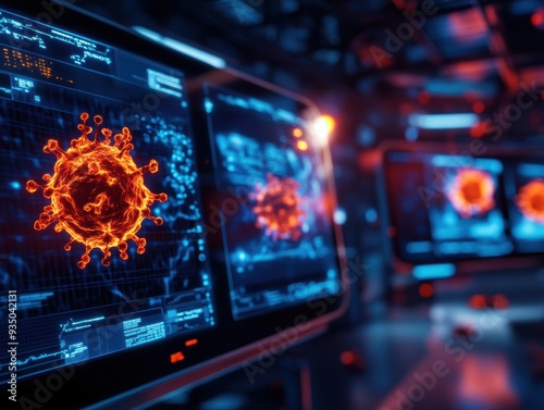 A creative depiction of cancer cells during metastasis, surrounded by digital screens displaying innovative research.