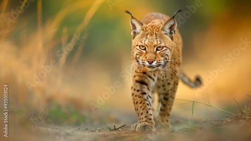  A tight shot of a feline treading on dirt, surrounded by near foreground grass, and a backdrop subtly out of focus