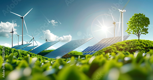 renewable energy banner background with green energy as wind turbines and solar panels