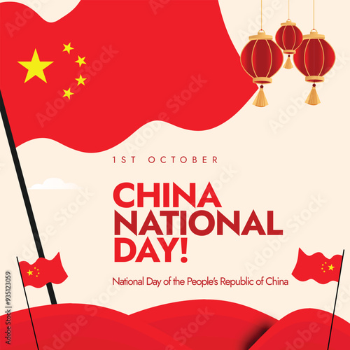 China National day. 1st October National day of the People's Republic of China celebration banner with its flags, red lanterns, abstract art elements. Chinese day celebration, wishing post.