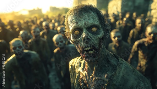 Hordes of eerie, decaying zombies in a terrifying crowd, with one zombie staring menacingly