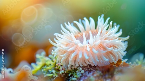  A tight shot of a pink-and-white sea anemone against a green-and-yellow backdrop