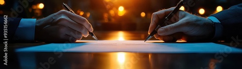 Close-up view of two hands signing a contract in an ambient light setting, symbolizing agreement and collaboration.