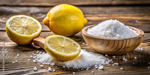 Citric acid, also known as lemon salt, displayed on a rustic wooden background