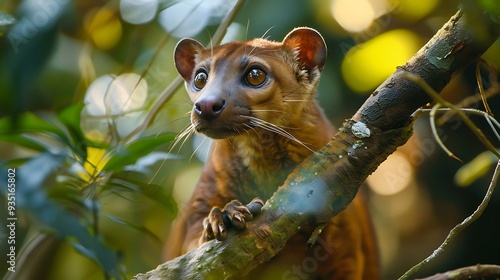 Fossa in its natural habitat gazing out from a branch