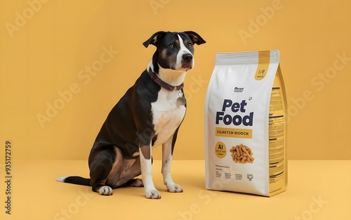 dog sitting next to clean white pet food package, yellow background 