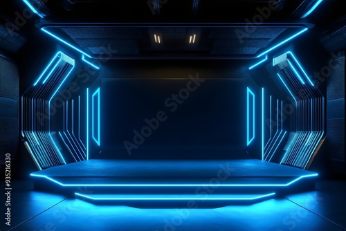 Futuristic sci fi stage background illuminated with blue neon lights in a dark room, perfect for product showcase or presentations