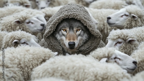 A wolf disguised in sheep's clothing, surrounded by sheep, symbolizes deception and hidden intentions.