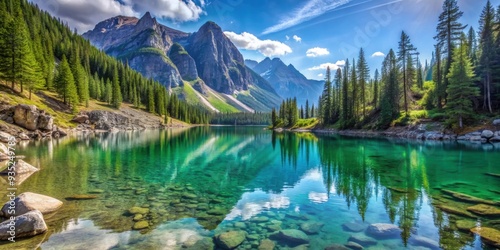 Tranquil alpine lake with crystal clear water surrounded by rocky cliffs and pine trees, Sandbeach Lake