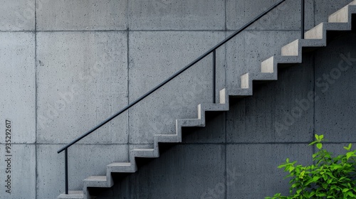 Abstract Concrete Staircase against Minimalist Gray Wall and Green Foliage