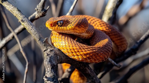 An orange female common adder (Vipera berus) basks among old twigs, her distinctive markings and vibrant coloration standing out against the natural backdrop.