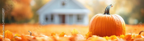 Vibrant autumn scene, a prominent pumpkin surrounded by golden leaves, a serene house in the background, capturing the essence of fall festivities and harvest bounty.