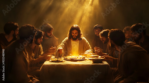 Jesus Christ and his disciples having a meal together