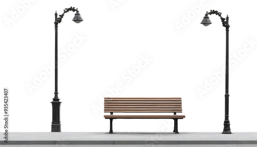 Street lamp with bench in a park on transparent background