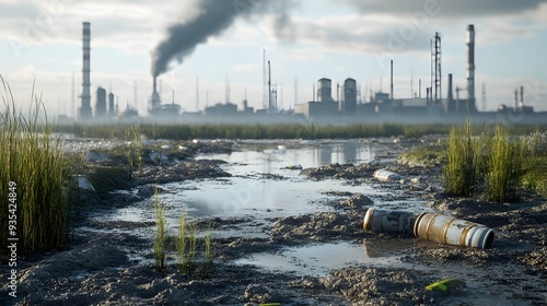 69. 3D depiction of a polluted wetland area with chemical contaminants and debris, isolated on a pristine backdrop