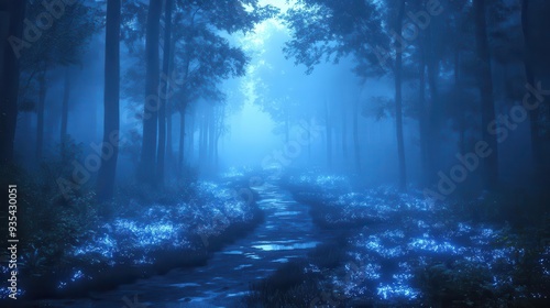 enchanted forest at twilight bioluminescent flora mystical creatures ethereal mist