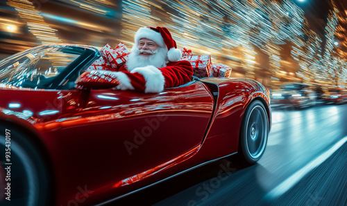 Santa Claus driving red sports car at night with Christmas gifts, blurred city lights background