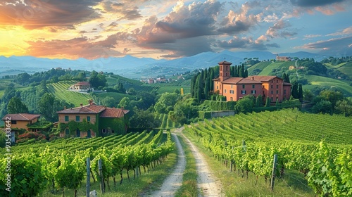 Scenic view of Barbaresco village and Langhe vineyards at sunset