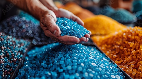 Close-up of hands holding vibrant blue plastic polymer pellets