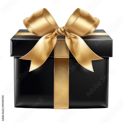 Elegantly Wrapped Gift Box with Gold Ribbon Bow and Black Shiny Surface for Celebrations