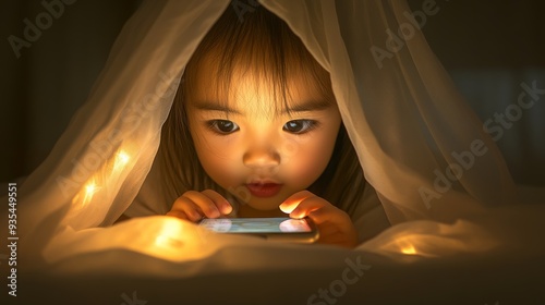 It shows a young asian girl using a smart tablet. A toddler is playing on an iPad. There is a computer screen that emits a blue light.