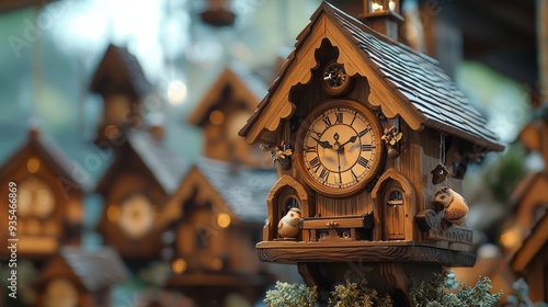 A traditional wooden cuckoo clock with intricate carvings and a bird perched on the roof, in a close-up shot.