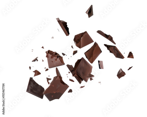 A scattering of broken chocolate pieces, showcasing texture and color.