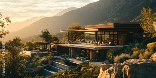 Modern house on mountainside with pool and patio.