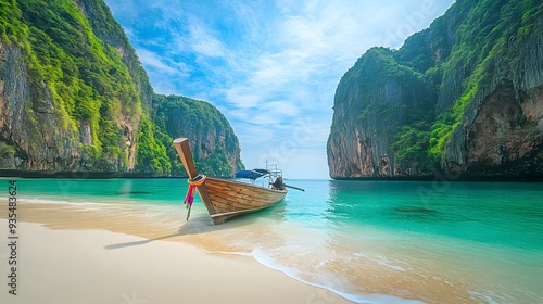 Beautiful Beach in Thailand with Clear Water, Greenery, and a Boat.