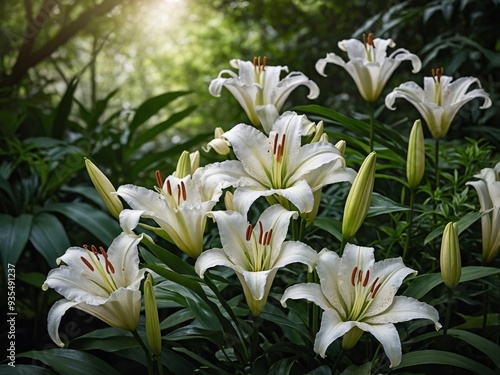 Photograph of elegant white lilies in full bloom amidst lush green foliage illuminated by a gentle ray of sunlight