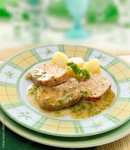 Bonito con salsa acompañado de patatas hervidas, Vista cenital. Tuna with sauce accompanied by boiled potatoes, overhead view.