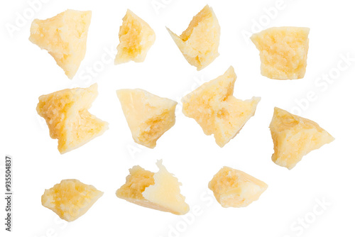 Pieces of parmesan cheese on a blank background. Set