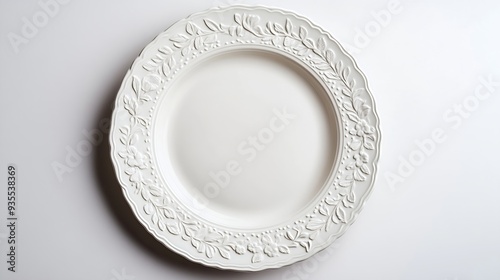 Empty vintage porcelain plate cutout Textured white dish with a floral pattern isolated on a white background Beautiful tableware crockery for food design Crockery concept Front view : Generative AI