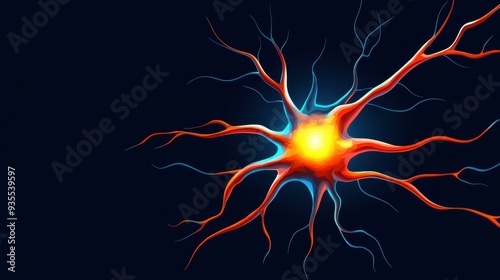 Eyecatching neuron illustration with vibrant colors, showcasing a glowing soma and axon amidst stylish textures.