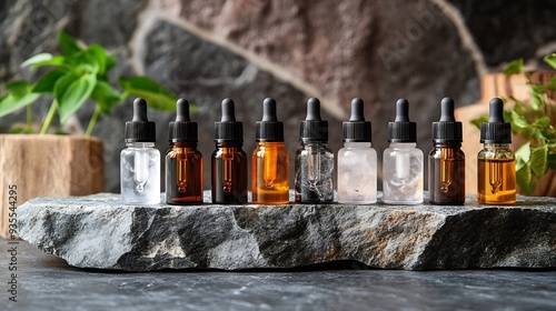 Assorted Cosmetic Dropper Bottles on Stone Display for Beauty Products : Generative AI