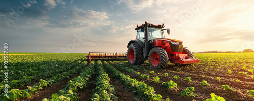 A red tractor plowing a field under the early morning sun, showcasing modern agricultural machinery and farming practices.