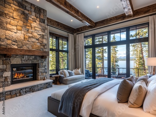 Luxury master bedroom with fireplace and lake tahoe views in modern farmhouse style design