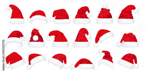 Set of red Christmas Santa Claus hats isolated on white background. Hand drawn simple Santa hats.