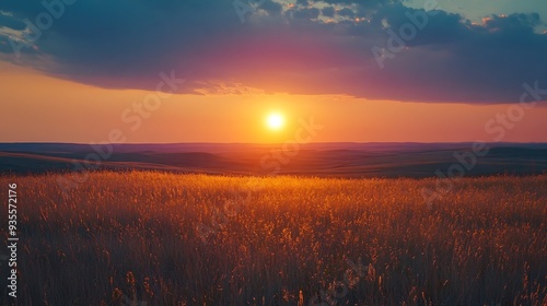 Sunset on the horizon over a vast landscape grasslands national park val marie saskatchewan canada : Generative AI