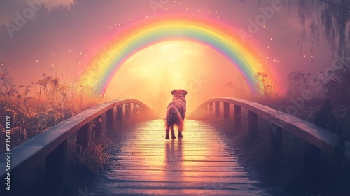 A beloved dog walks over a rainbow bridge during a serene sunset in a peaceful meadow, evoking memories and love. Rainbow Bridge Remembrance Day