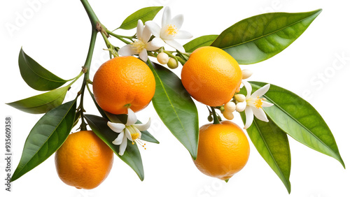 Neroli twig. Citrus aurantium with blossom and fruits branch, isolated on transparent white background, png element. Bitter orange tree with flowers for essential oil and extraction neroli oil