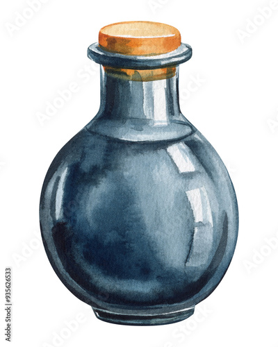 Bottle with black potion isolated white background, watercolor illustration, hand drawing magic poison, alchemist bottle